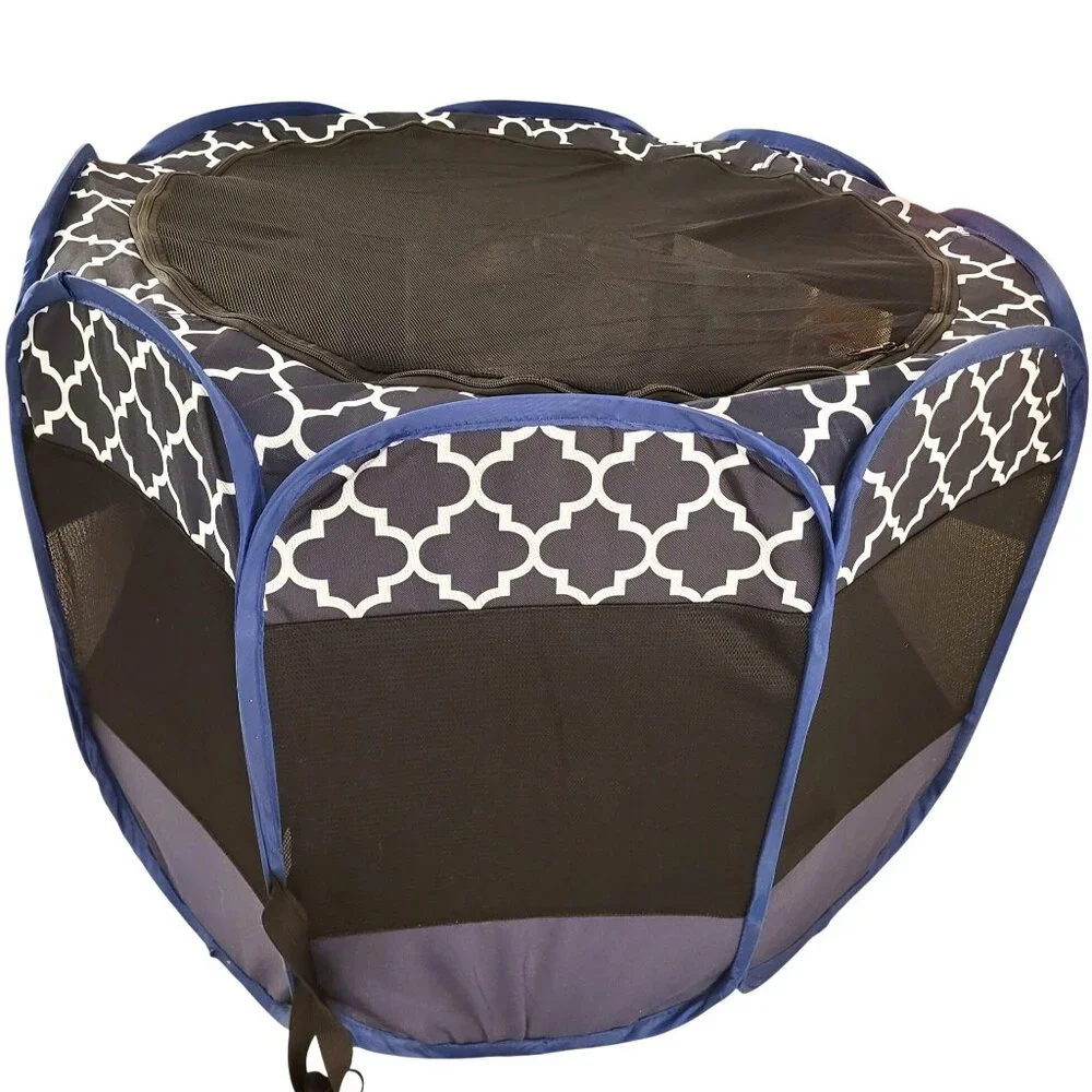 Heart to Tail Foldable Pet Playpen Zippered Mesh Top Navy & White Indoor/Outdoor - Picture 3 of 10